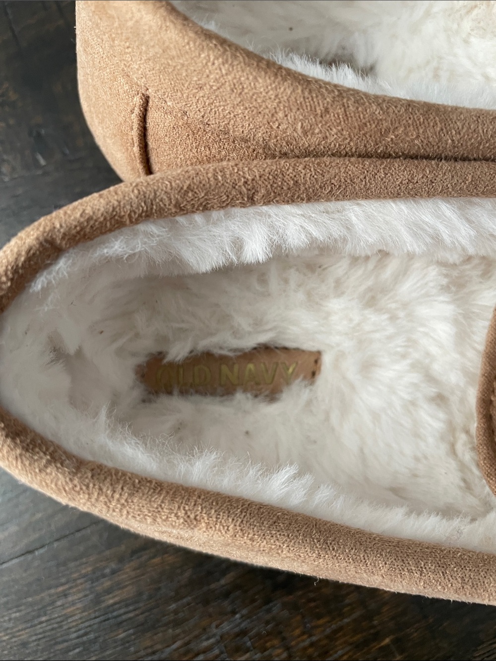 Old Navy Tan Moccasin Slippers with White Faux Fur - Picture 8 of 9